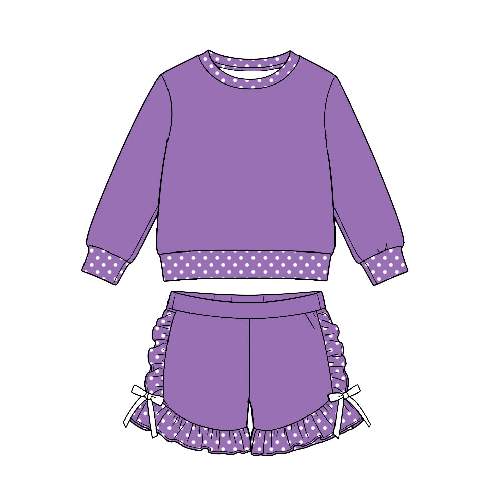 (Custom Design Preorder MOQ 5 Each)Girls Polka Dot Ruffle Hem Shorts Matching Long Sleeve Top Two Piece Set Sisters Wear