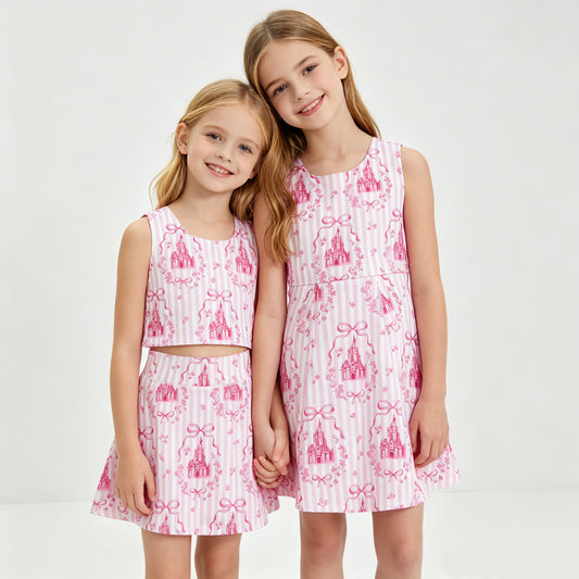 Toddler Girls Sibling Pink Castle Sleeveless Crop Top & Skort Set Summer Activewear