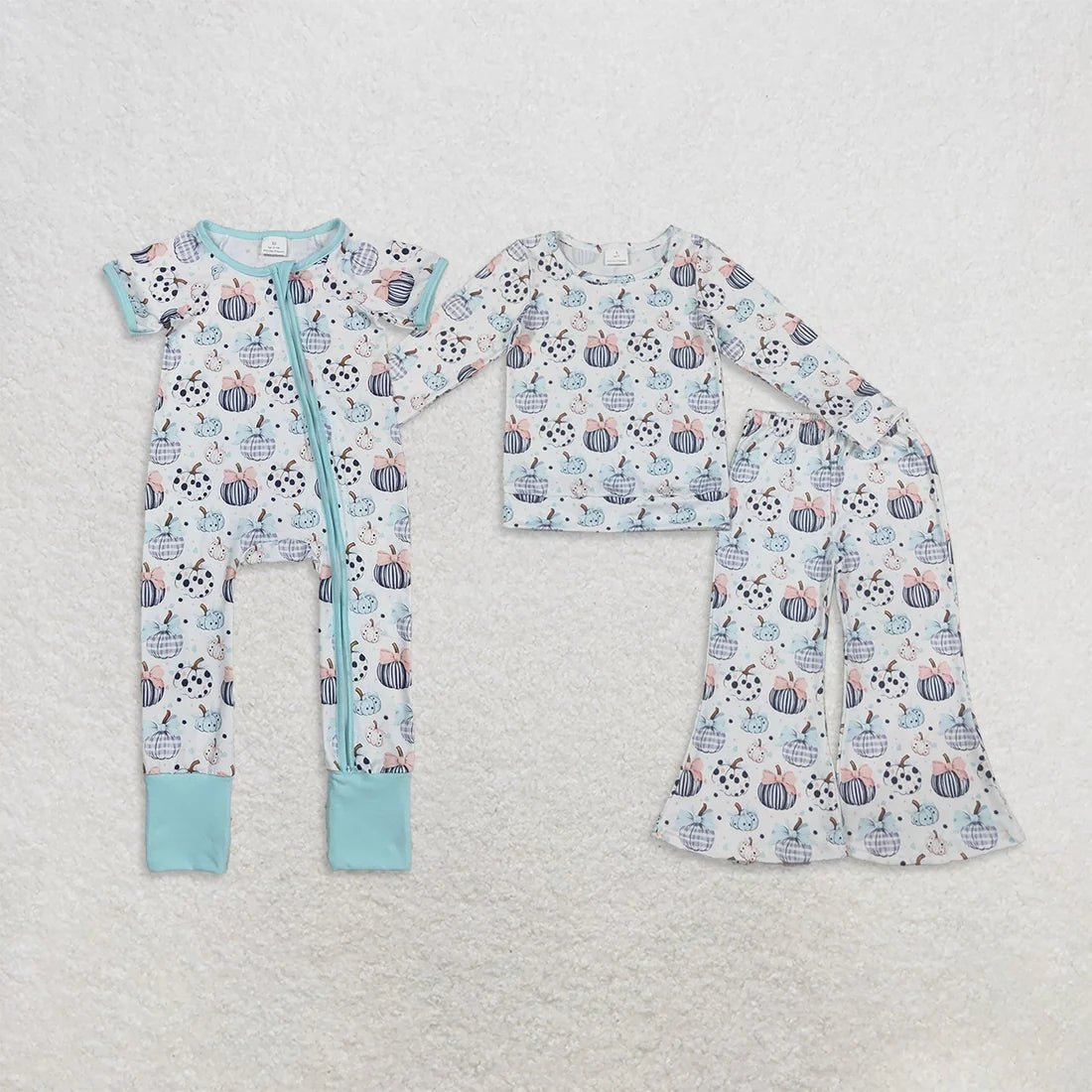 Sibling Baby Girls Bows Pumpkins Top Flare Pants Fall Clothes Set Zip Rompers