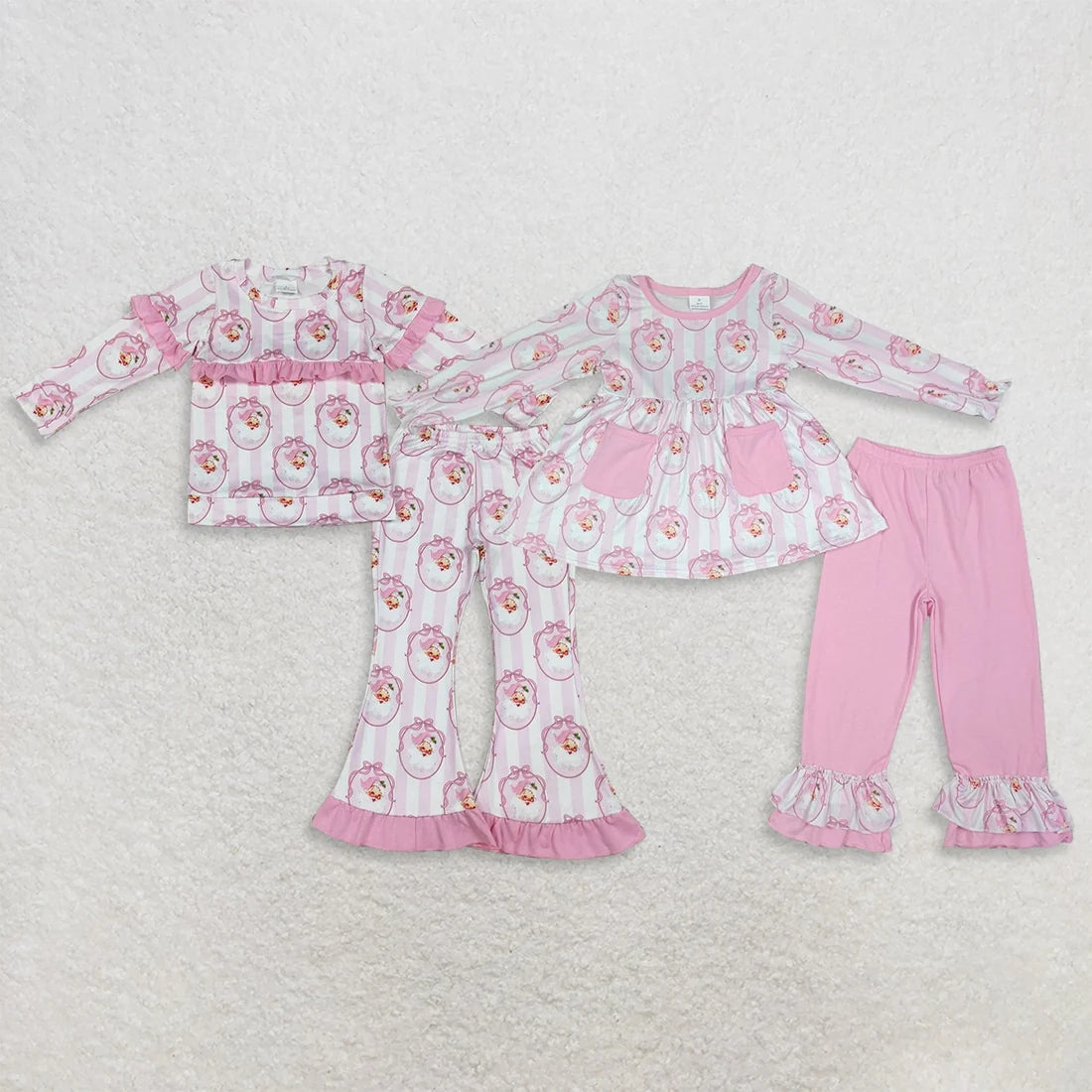 Sibling Baby Girls Pink Stripe Bows Santa Tunic Ruffle Pants Christmas Clothes Sets