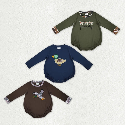 Sibling Baby Boys Long Sleeve Embroidery Ducks Dogs Hunting Rompers
