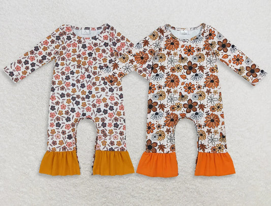 Sibling Baby Girls Colorful Flowers Leaves Fall Ruffle Pant Rompers