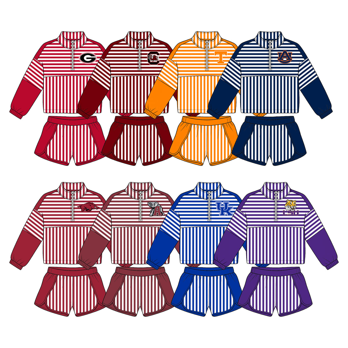 (Custom Design Preorder MOQ 5 Each)Teams Logo Stripes Print Long Sleeve Zipper Top Shorts Girls Clothes Set Sisters Wear