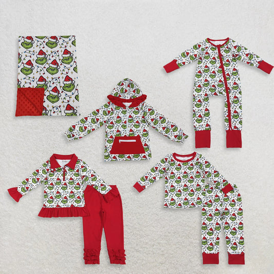 Sibling Baby Boys Green Faces Lights Christmas Pajamas Sets Zipper Footie Rompers Blankets
