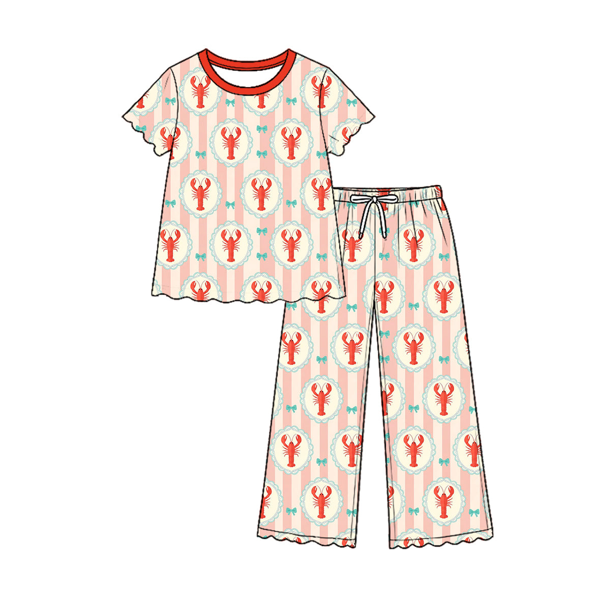 (Custom Design Preorder MOQ 5 Each)Crayfish Bows Print Short Sleeve Top Pants Girls Ruffle Clothes Set Sisters Wear