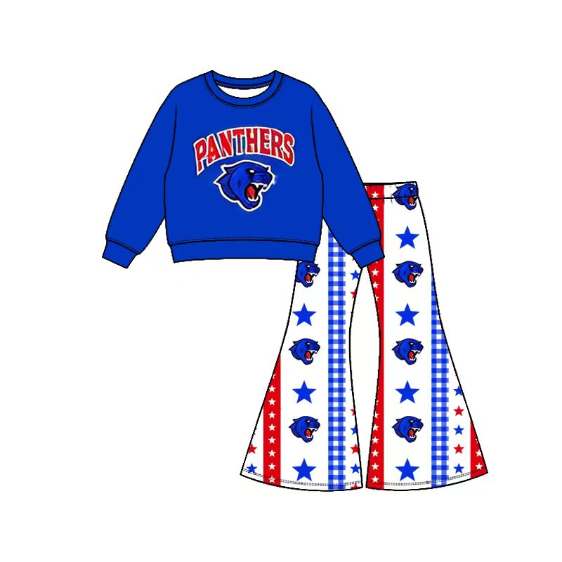 Preorder( 5  MOQ) Baby Girls  Panthers Top Bell Bottom Pants Outfit