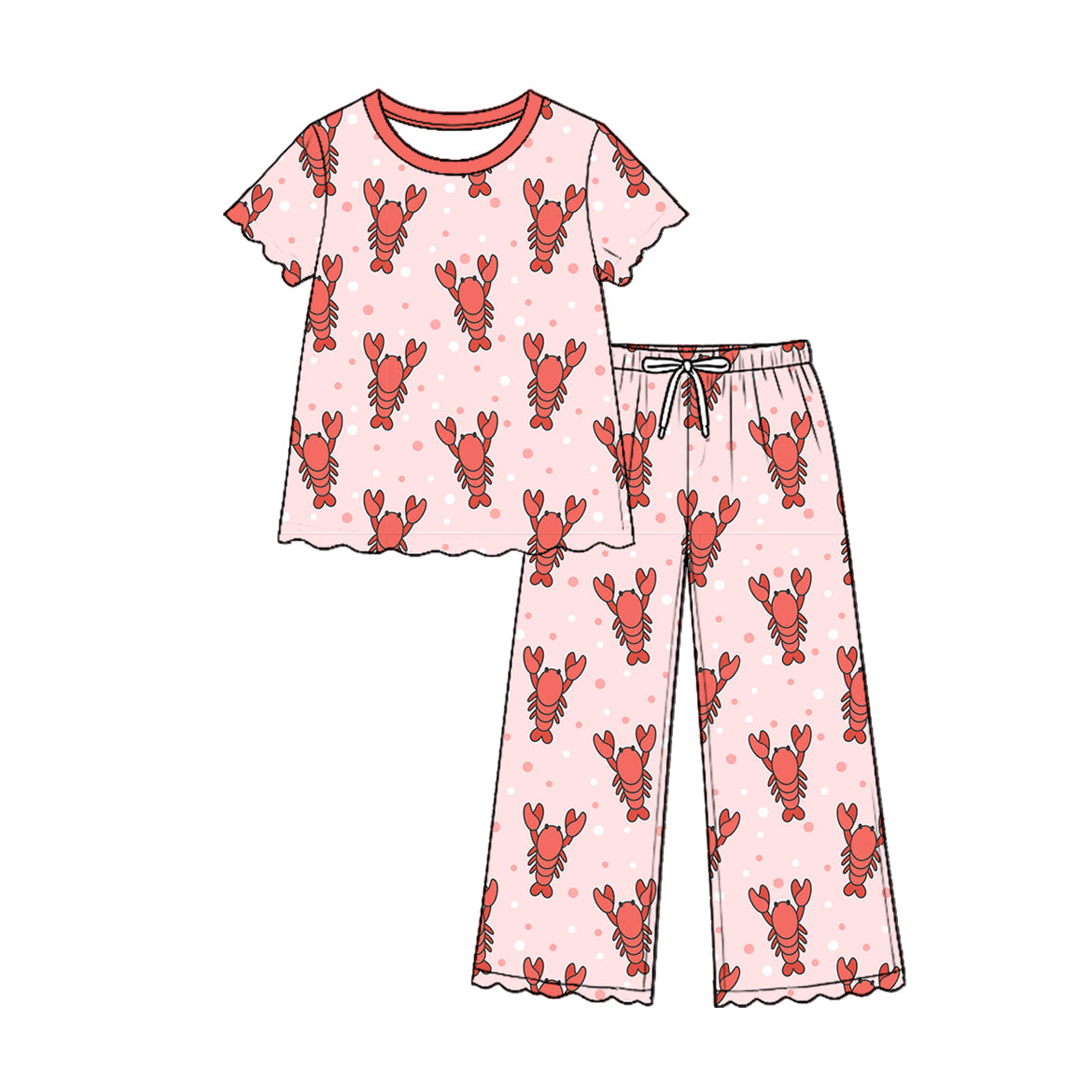 (Custom Design Preorder MOQ 5 Each)Crayfish Bows Print Short Sleeve Top Pants Girls Ruffle Clothes Set Sisters Wear