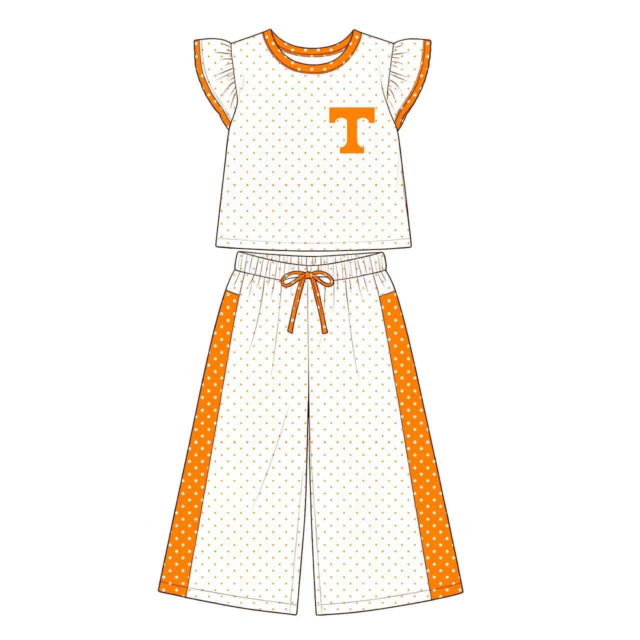(Custom Design Preorder MOQ 5) Teams T Polka Dot Ruffle Sleeve Top with Wide Pants Outfit