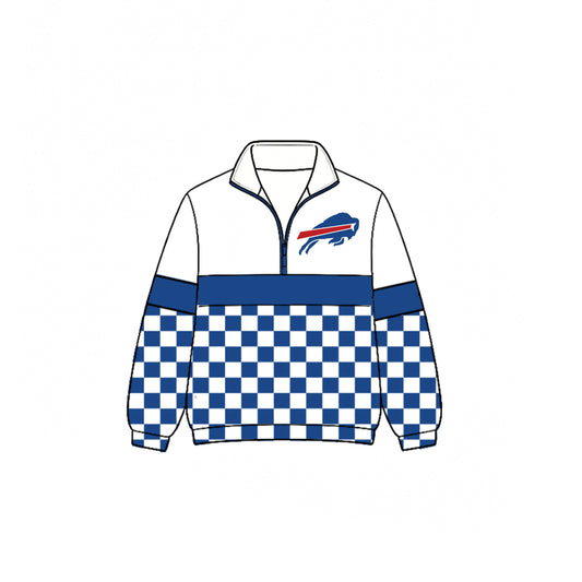 (Custom Design Preorder MOQ 5)  Teams Bills Plaid Print Kids & Adult Long Sleeve Zipper Pullover Jacket