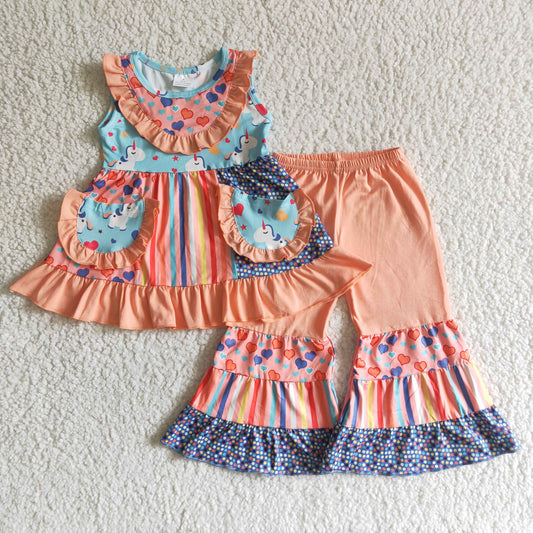 A7-23 Unicorn Sleeveless Pockets Tunic Top Girls Capris Outfits