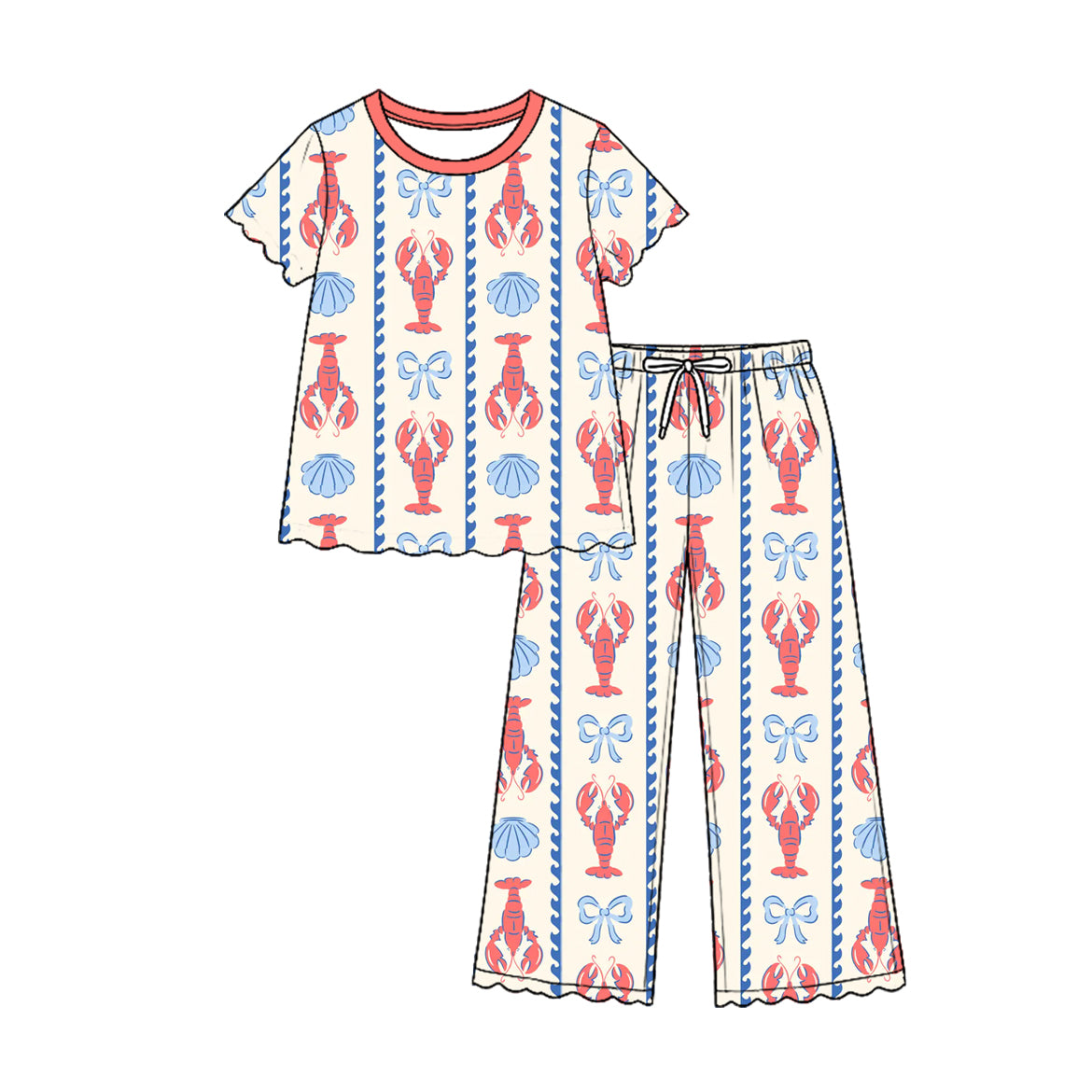 (Custom Design Preorder MOQ 5 Each)Crayfish Bows Print Short Sleeve Top Pants Girls Ruffle Clothes Set Sisters Wear