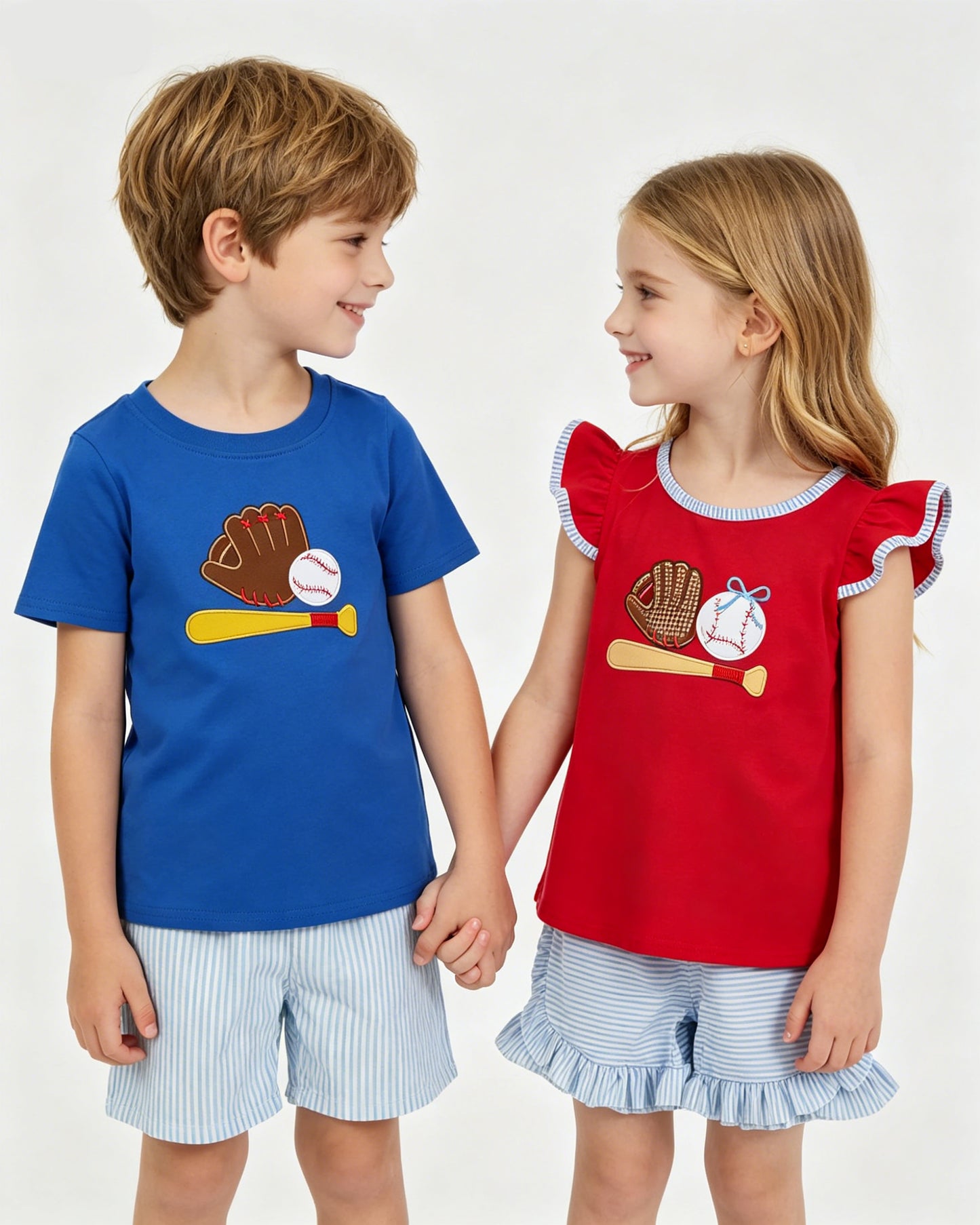 Sibling Boys Baby Girls Baseball Embroidery Top +Striped Shorts Outfit