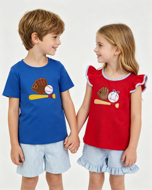 Sibling Boys Baby Girls Baseball Embroidery Top +Striped Shorts Outfit