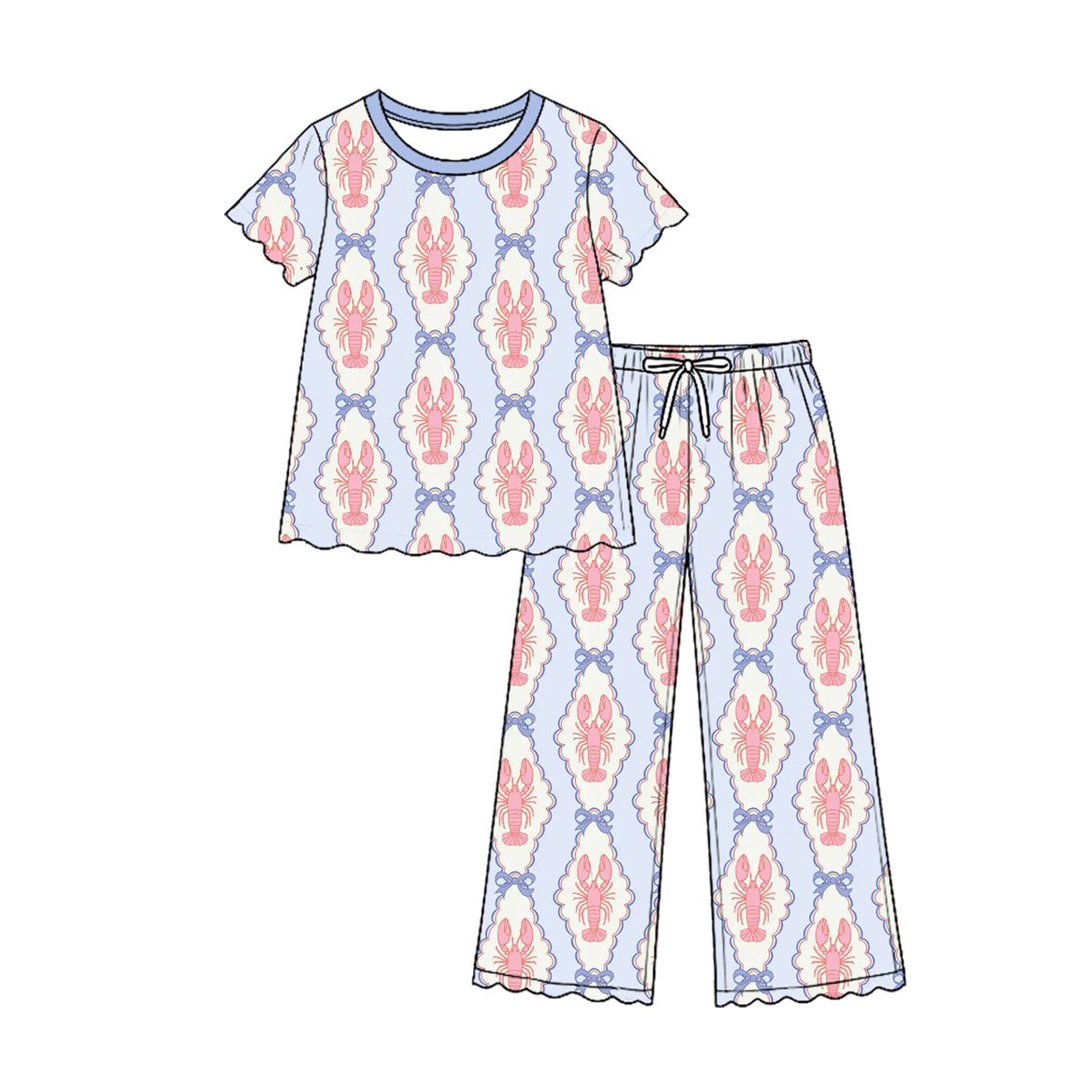 (Custom Design Preorder MOQ 5 Each)Crayfish Bows Print Short Sleeve Top Pants Girls Ruffle Clothes Set Sisters Wear