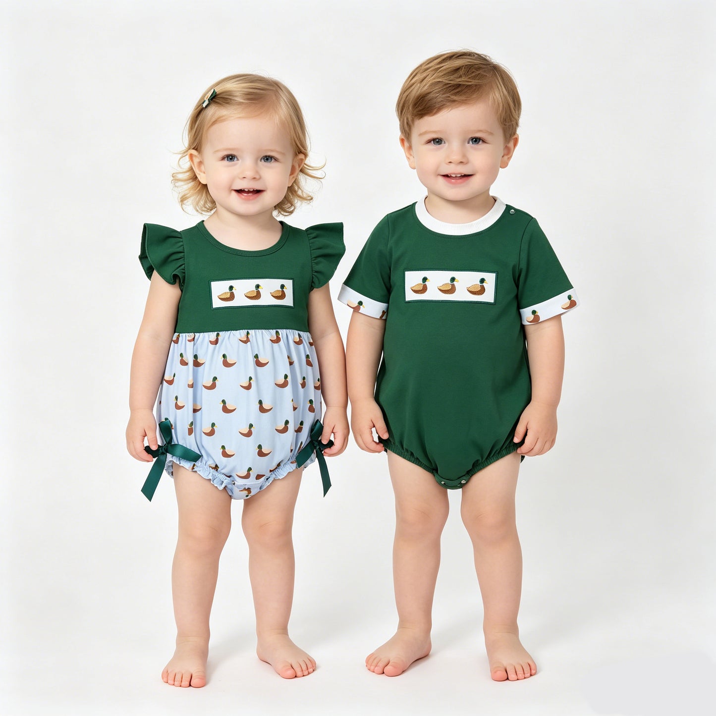 Sibling Baby Girls Boys  Embroidery Mallard Duck Bubble Romper