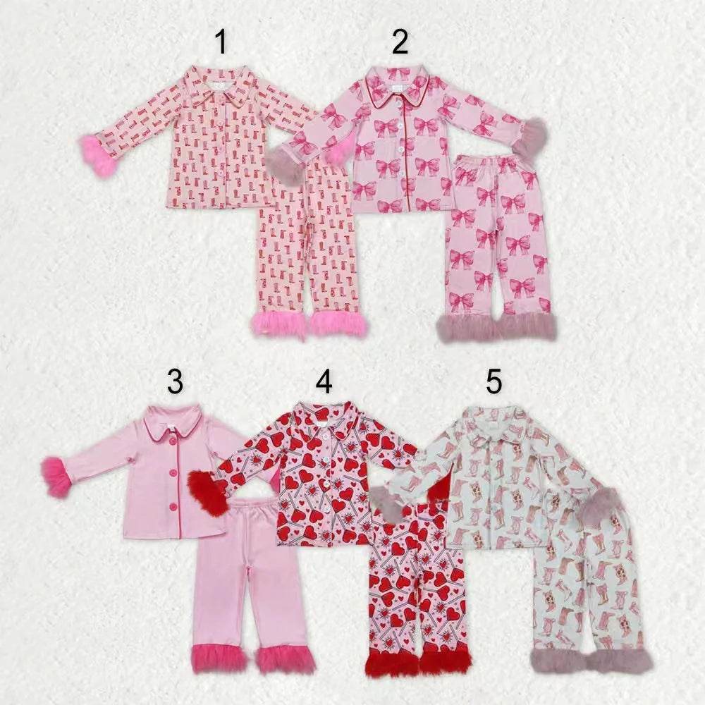 Sibling Girls Bow Boots Heart Print Buttons Top Pants Pajama Set with Fur