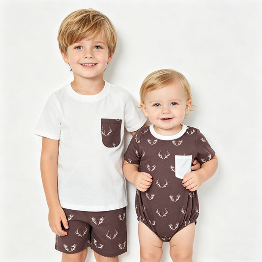 Toddler Boys Deer Antler Pocket Outfit Set, Sibling Matching Summer Clothes
