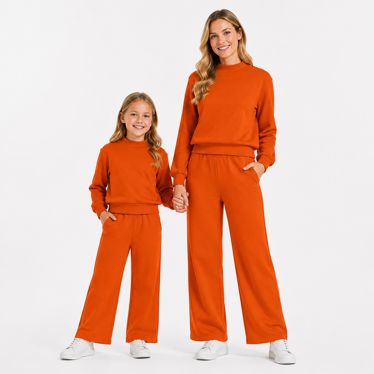 Mommy and Me Orange Solid Color Cotton Long Sleeve Top Pants Outfit