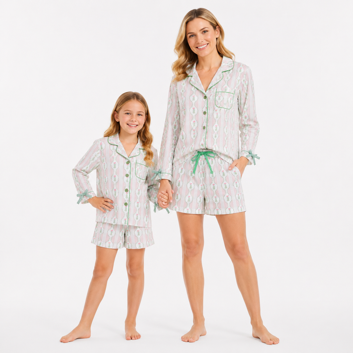 Mommy and Me Christmas Tree Long Sleeve Button Top Shorts Pajama Set with Bow