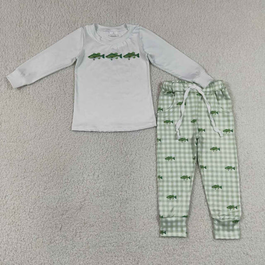 BLP1425 Fish Long Sleeve Top Gingham Pants Boys Clothes Set