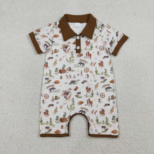 SR3882 Baby Girls Western Cowboy Short Sleeve Polo Romper