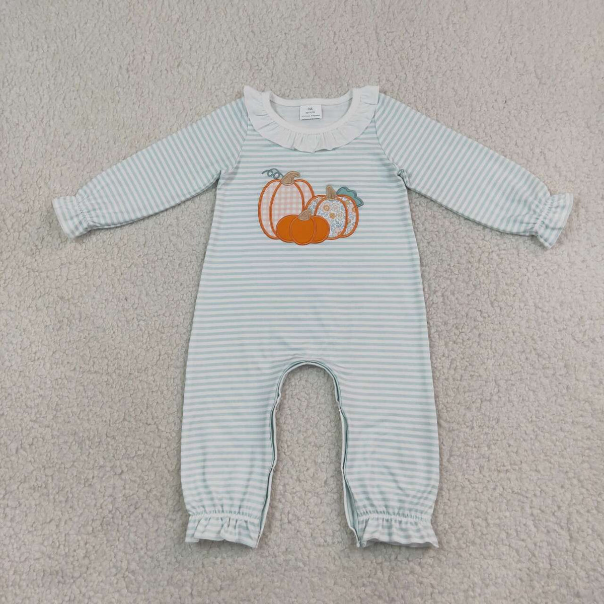 LR3137 Pumpkin Embroidery Stripes Print Baby Girls Fall Romper