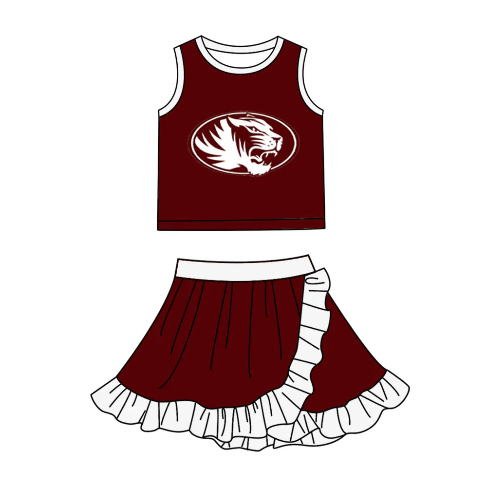 (Custom  Preorder MOQ 5) Baby Girls Red Silsbee Tigers Vest Top Ruffle Skirt Short Team Clothes Sets