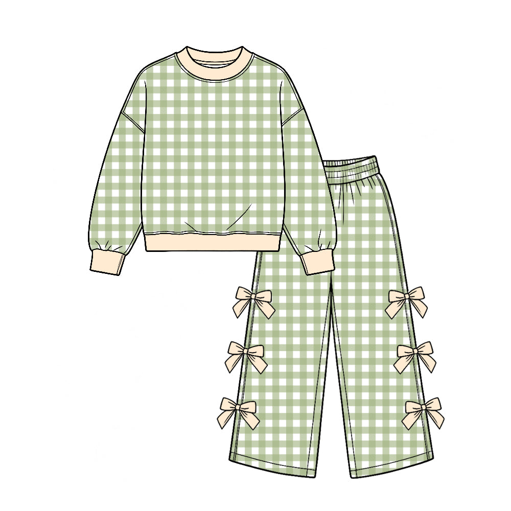 (Custom Design Preorder MOQ 5 Each) Checkered Print Long Sleeve Top Wide Leg Pants with Side Bows Girls Clothes Set Sisters Wear