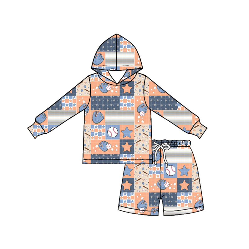 (Custom Design Preorder MOQ 5 Each)Baseball Print Hoodie Top Pockets Shorts Boys Clothes Set Brothers Wear