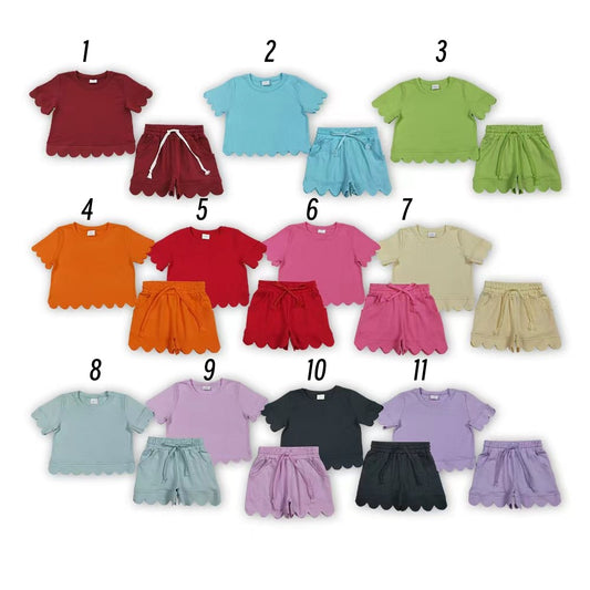 11 Colors Sibling Baby Girls Solid Color Short Sleeve Shirt Top Scalloped Shorts Outfit