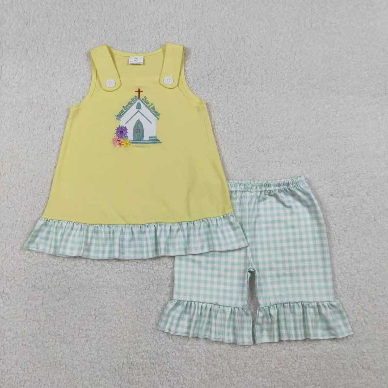 Sibling Baby Kids Embroidery Church Cross Top Checked Shorts Clothes Set Rompers