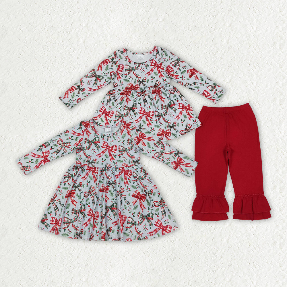 Sibling Kids Girls Christmas Bow Tunic Top Outfit and Dress