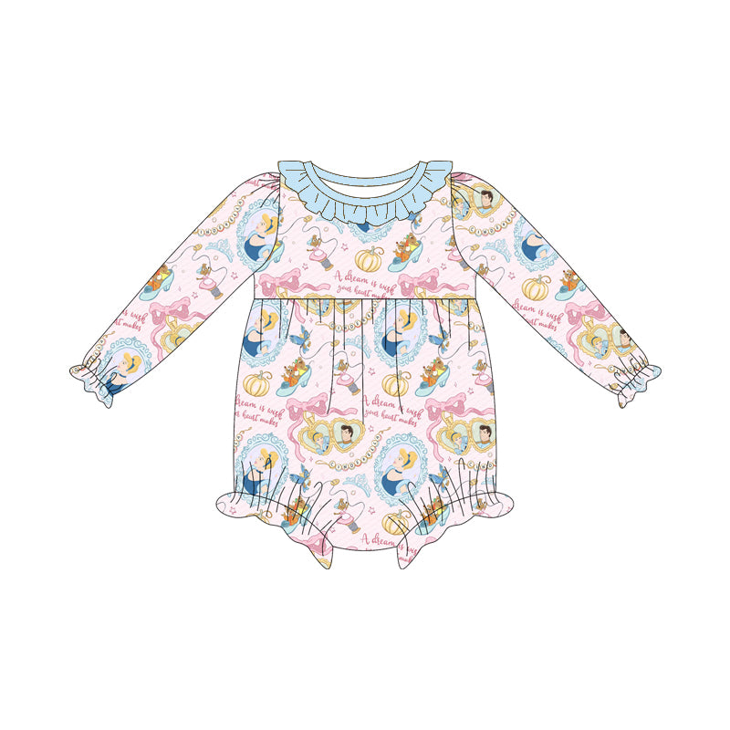 (Custom Design Preorder MOQ 5 ) Cartoon Princess Pumpkin Print Baby Girls Long Sleeve Romper