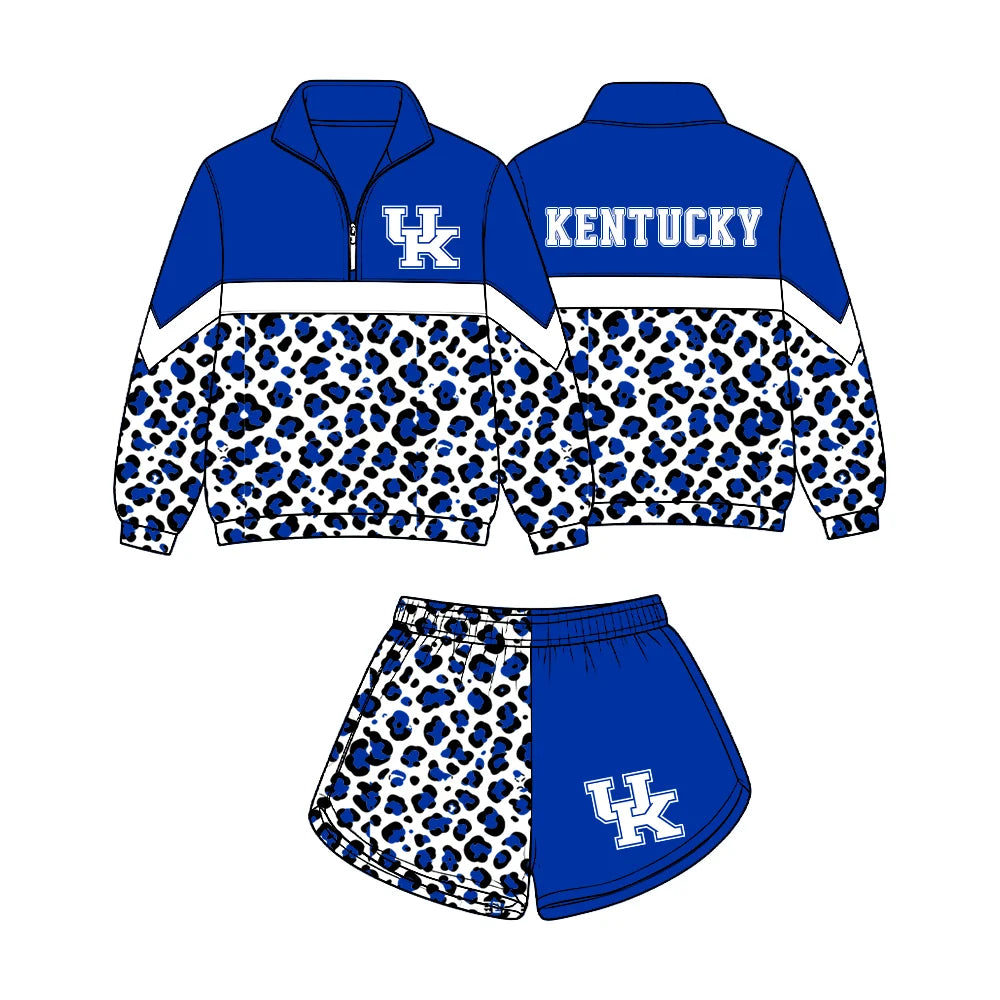 (Custom Design Preorder MOQ 5) Baby Girls Black Blue Leopard Kentucky Zip Pullovers Short Team Clothes Set