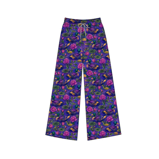 (Custom Design Preorder MOQ 5 Each ) Mallard Duck Flowers Print Girls & Adult Bottom Straight Pants