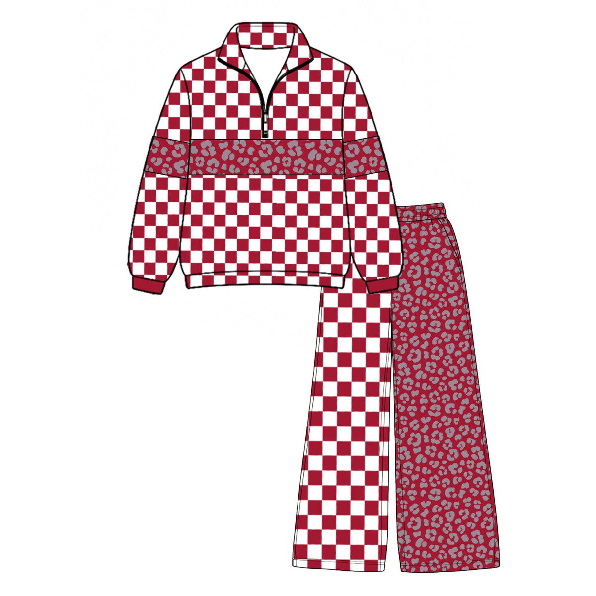 (Custom Design Preorder MOQ 5 Each)Teams Blank Leopard Checkered Print Long Sleeve Zipper Top Split Pants Girls Clothes Set Sisters Wear
