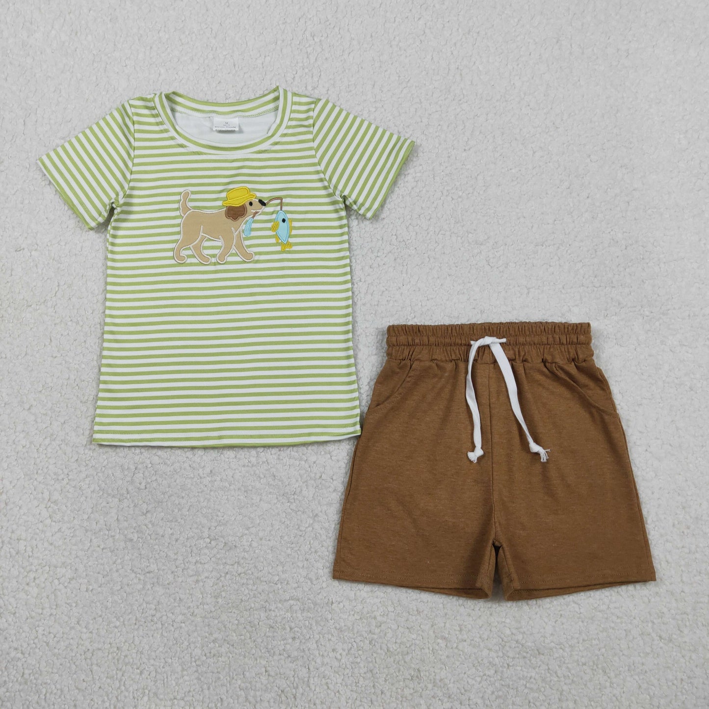 Sibling Baby Boys Embroidery Dog Fishing Stripe Top Short Hunting Clothes Set Rompers