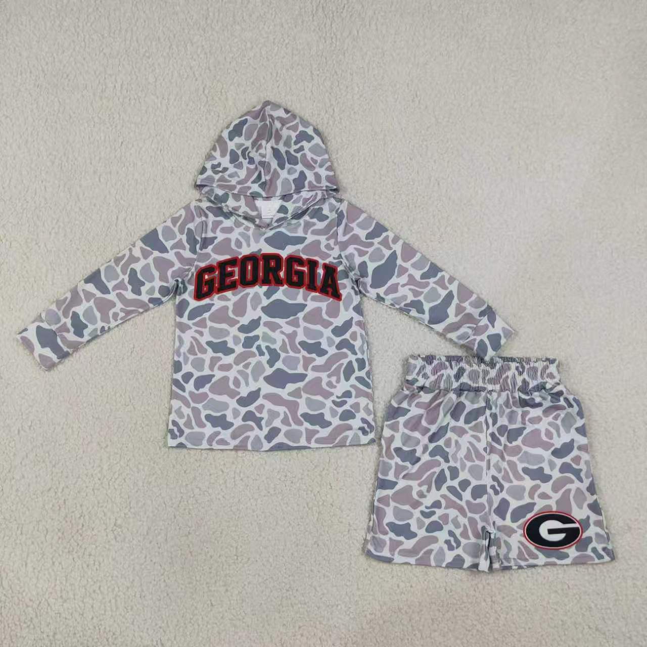 Sibling Baby Boys Sport Team Grey Camo Long Sleeve Hoodie Top with Shorts Outfit