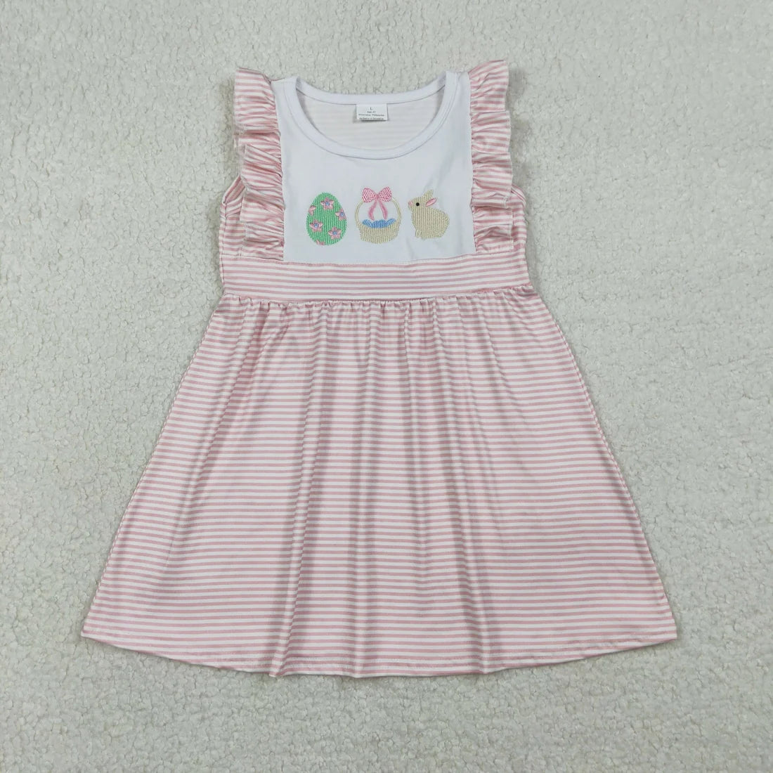 Embroidery Rabbit Eggs Baby Girls Pink Stripe Easter Knee Length Dresses