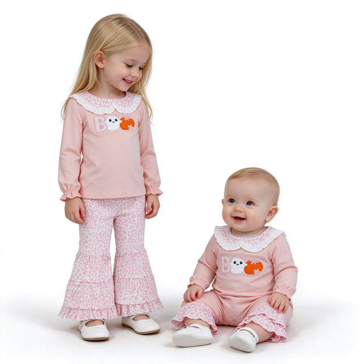 Sibling Baby Girls Halloween Embroidery Boo Ghost Pumpkin Leopard Pants Outfit and Romper