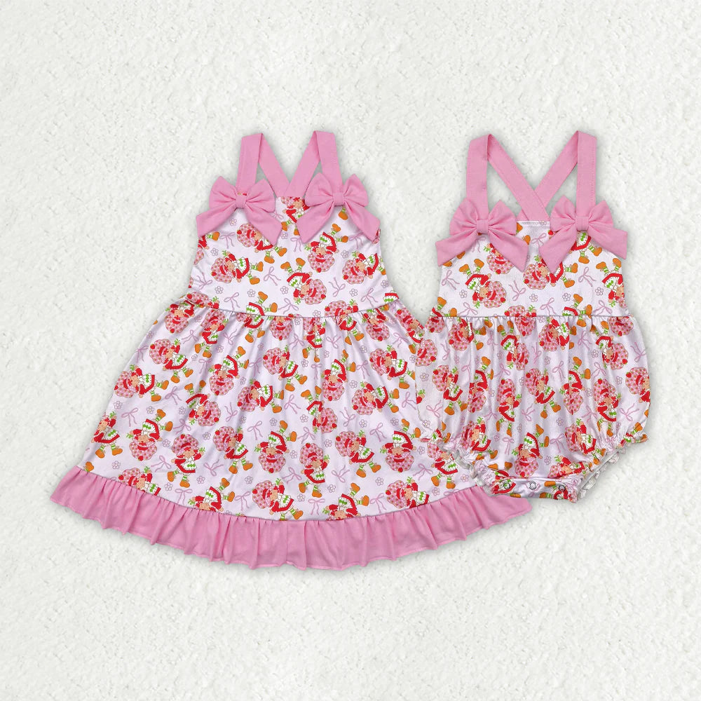 Sibling Baby Girls Pink Strap Bows Strawberry Floral Knee Length Dresses Rompers