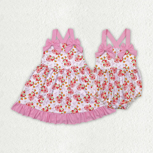 Sibling Baby Girls Pink Strap Bows Strawberry Floral Knee Length Dresses Rompers