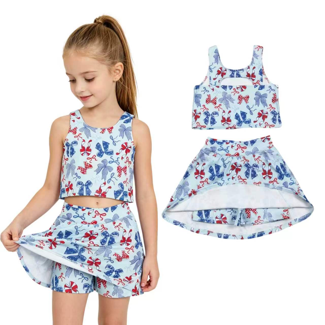 GSD3874 Red Blue Bows Tank Top Skort Girls 4th of July Yoga Clothes Set