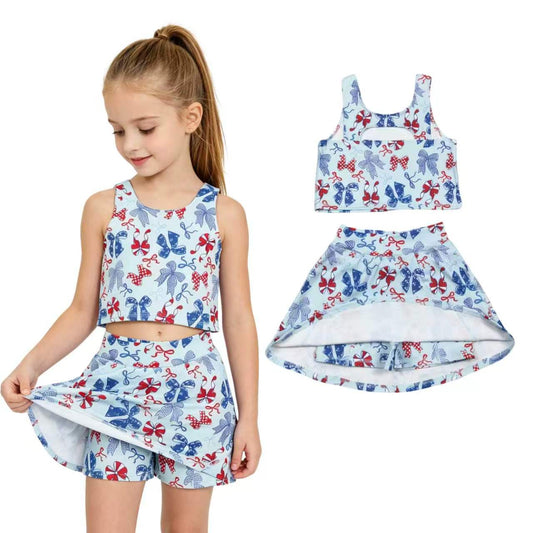 GSD3874 Red Blue Bows Tank Top Skort Girls 4th of July Yoga Clothes Set