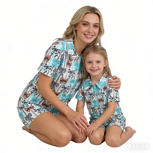 Mommy & Me Bow Print Button-Up Pajama Set – Turquoise Mix