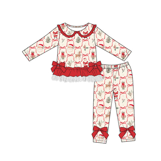 (Custom Design Preorder MOQ 5) Santa Bows Holly Ruffle Top Legging Pants Girls Christmas Clothes Set