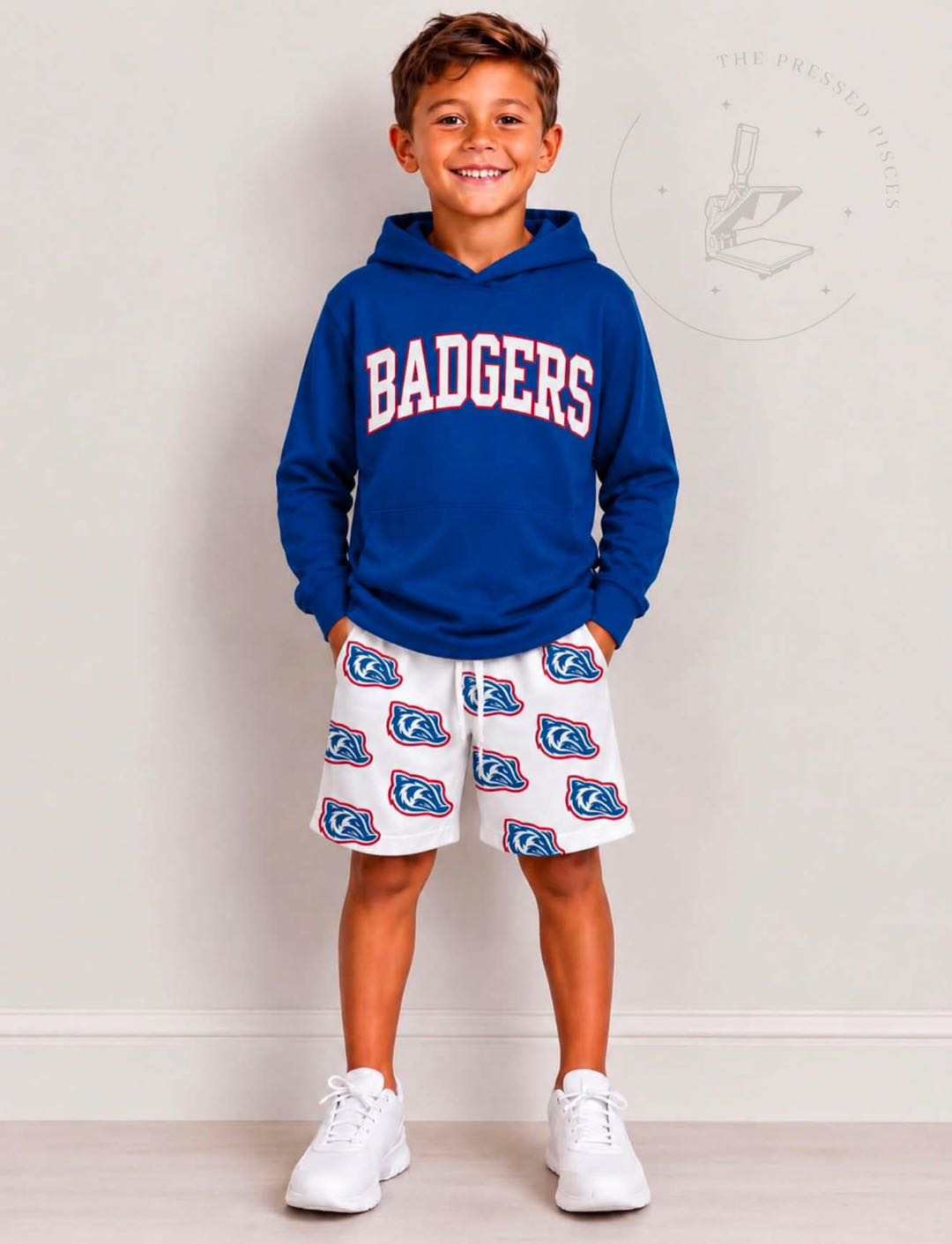 (Custom Design Preorder MOQ 5) Teams Arkadelphia Badgers Hoodie Top Pockets Shorts Boys Clothes Set