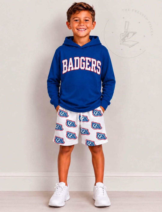 (Custom Design Preorder MOQ 5) Teams Arkadelphia Badgers Hoodie Top Pockets Shorts Boys Clothes Set