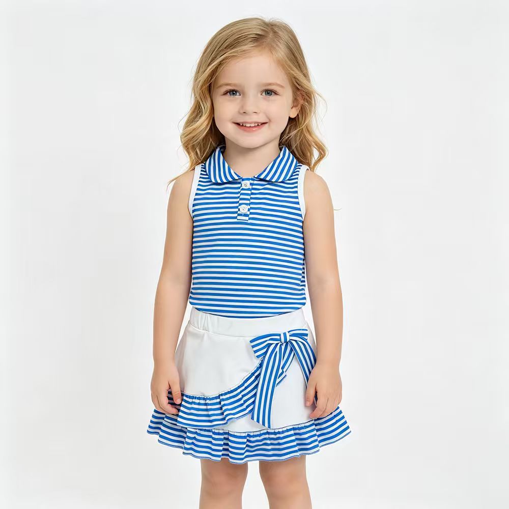 Blue Stripes Button Polo Top Ruffle Skirts Shorts Girls Summer Yoga Clothes Set