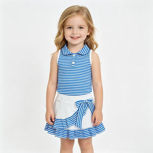 Blue Stripes Button Polo Top Ruffle Skirts Shorts Girls Summer Yoga Clothes Set